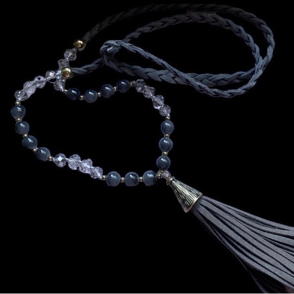 Gray Leather Boho Hippie Crystal & Stone Beaded Tassel Necklace Woman’s Jewelry - Picture 5 of 9